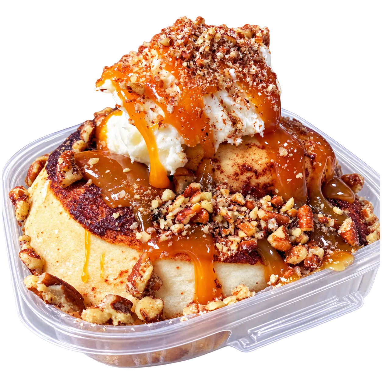 Pecan Praline cinnamon roll with caramel and pecan crumble